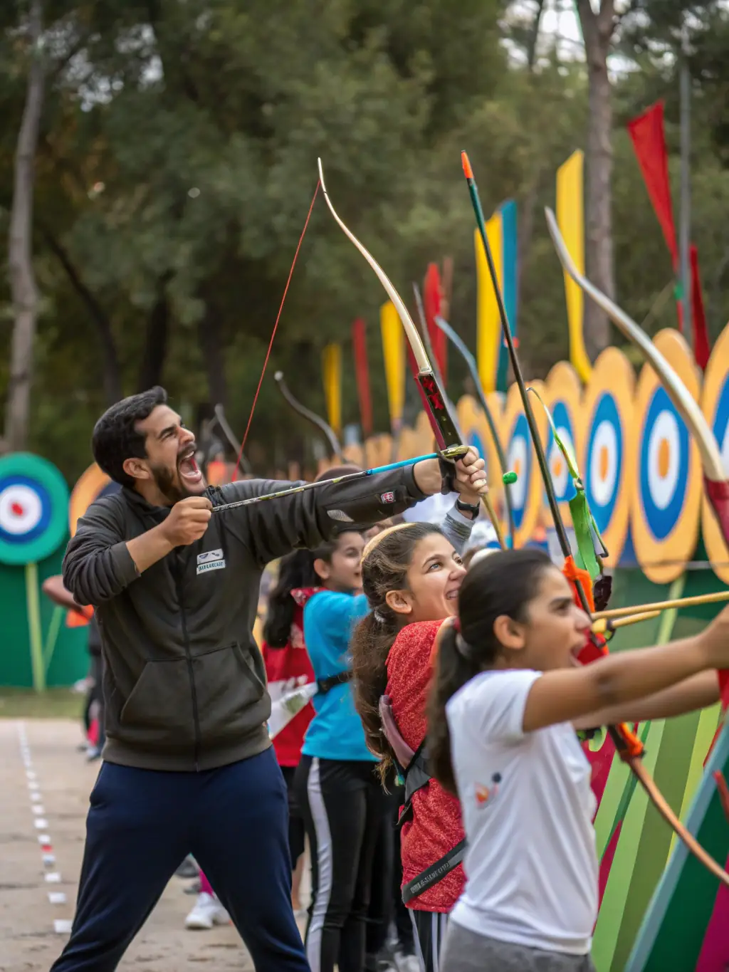 An image of young archers participating in a youth archery program, emphasizing skill development and fun.