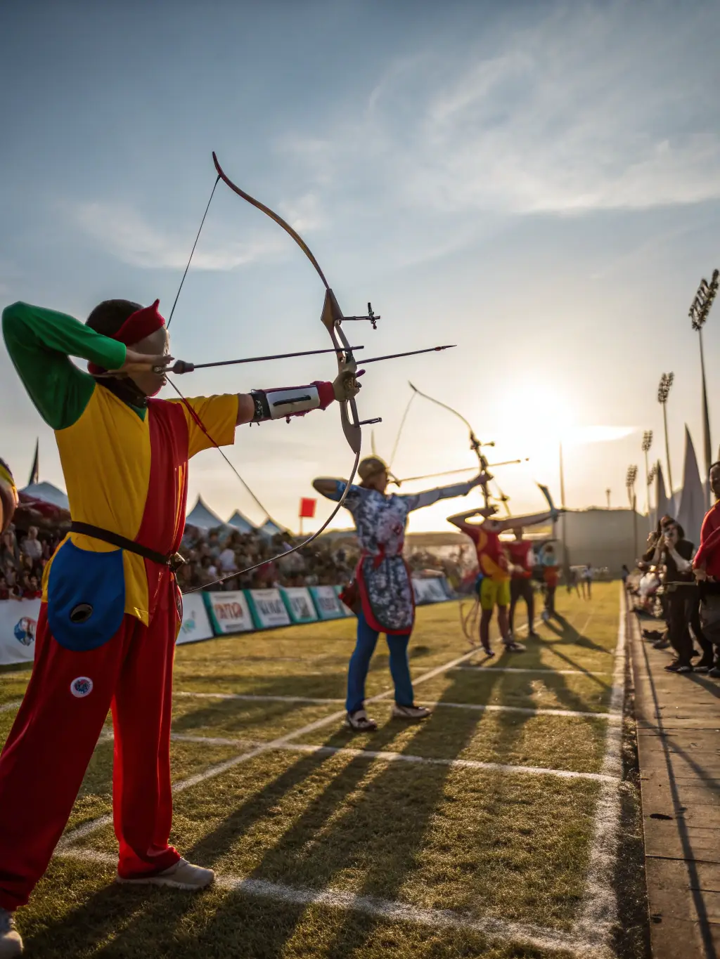 A group of archers participating in a friendly archery competition, showcasing teamwork and sportsmanship.