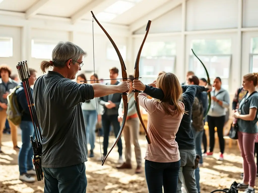 A group of archers participating in a beginner's archery class, focusing on basic techniques and safety measures, set against the backdrop of the ASA's outdoor archery range.