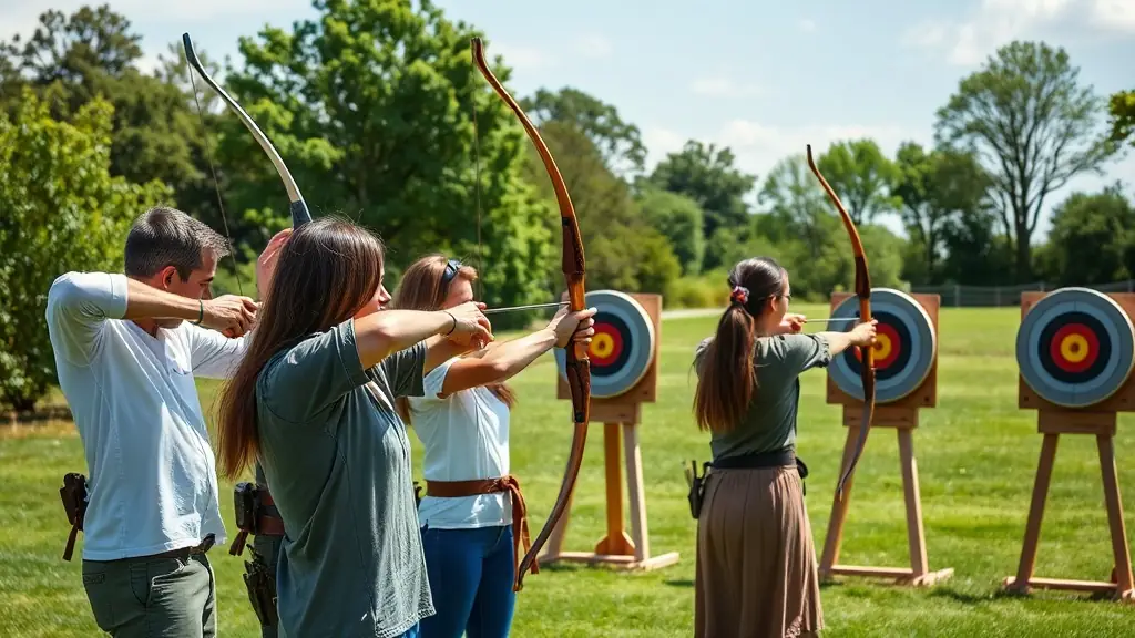 A group of archers aiming at targets in a sunny outdoor range, showcasing focus and precision.