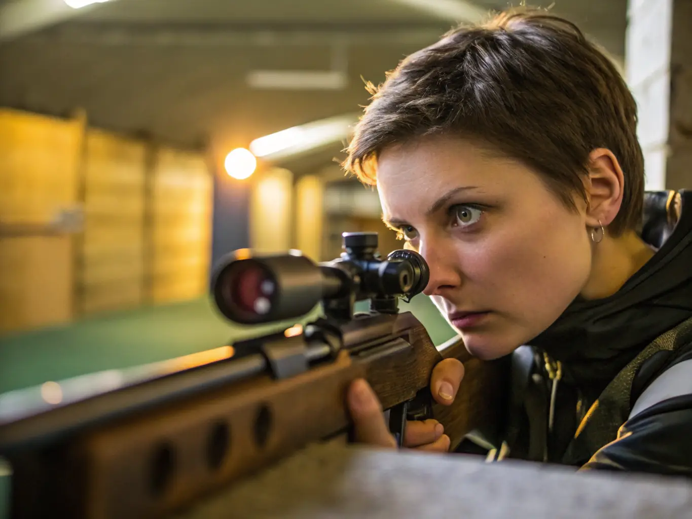 A focused archer drawing back their bow, aiming at a target in a sunlit outdoor range. The image conveys concentration and precision.