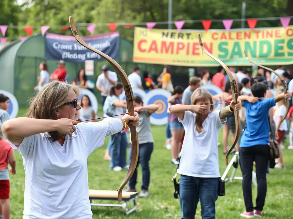A heartwarming image of ASA members participating in a community archery event, interacting with locals and promoting the sport, with the town's landscape visible in the background.